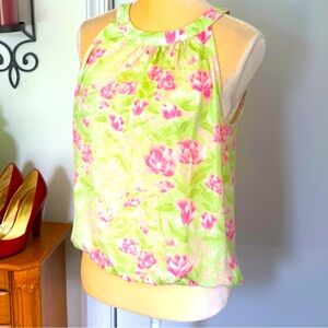 Rose + Olive Elegant Soft Pink & Green floral blouse 2 covered buttons Size S